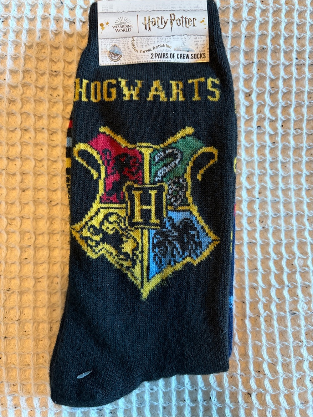 Warner Bros. Harry Potter Hogwarts Crest Black Crew Socks with Yellow Accent
